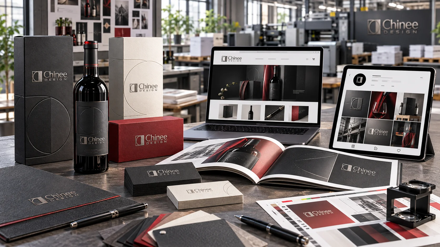 Chinee Design identity used across packaging, brochures and e-commerce screens