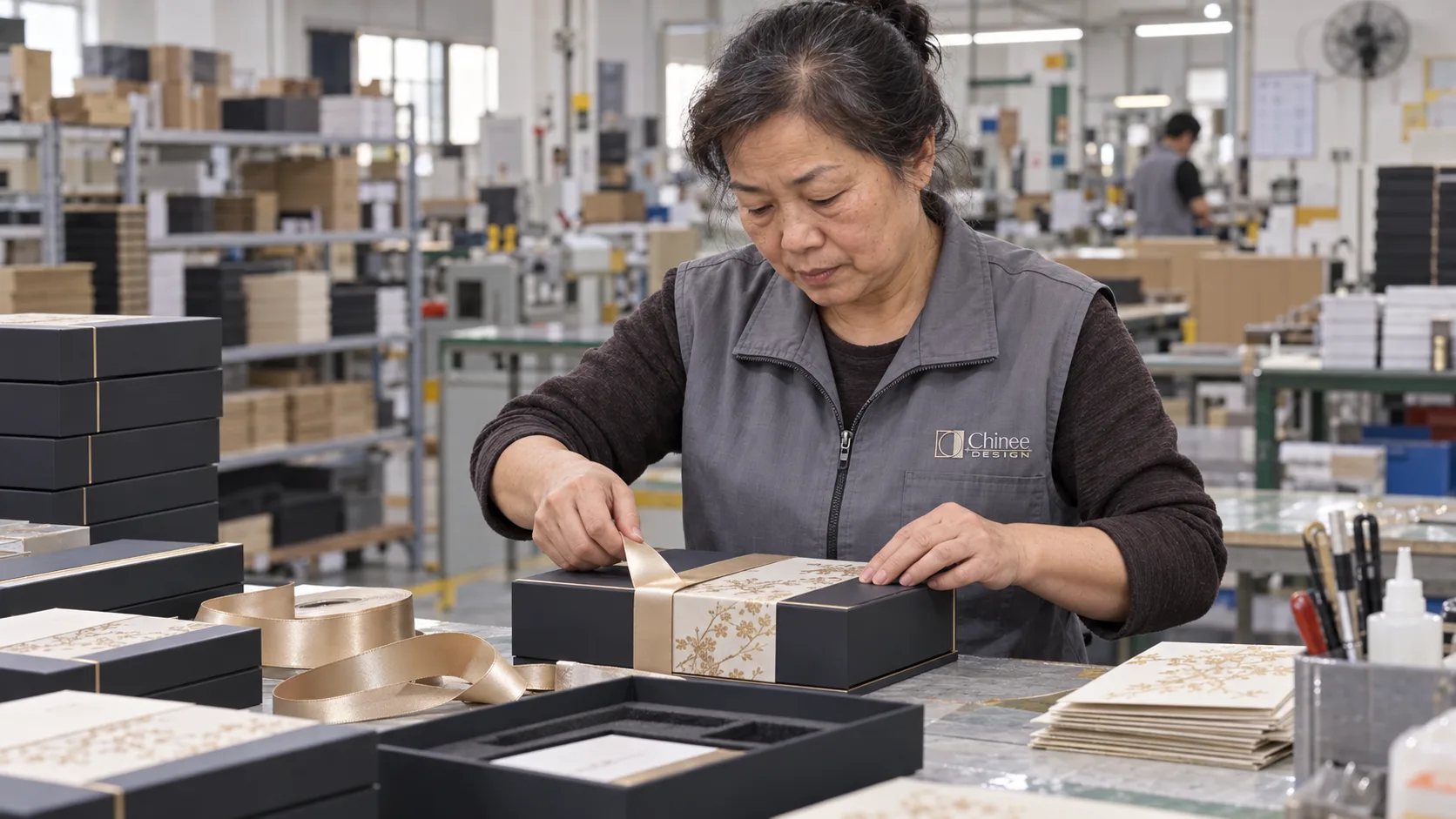 Chinee Design packaging worker finishing premium gift boxes