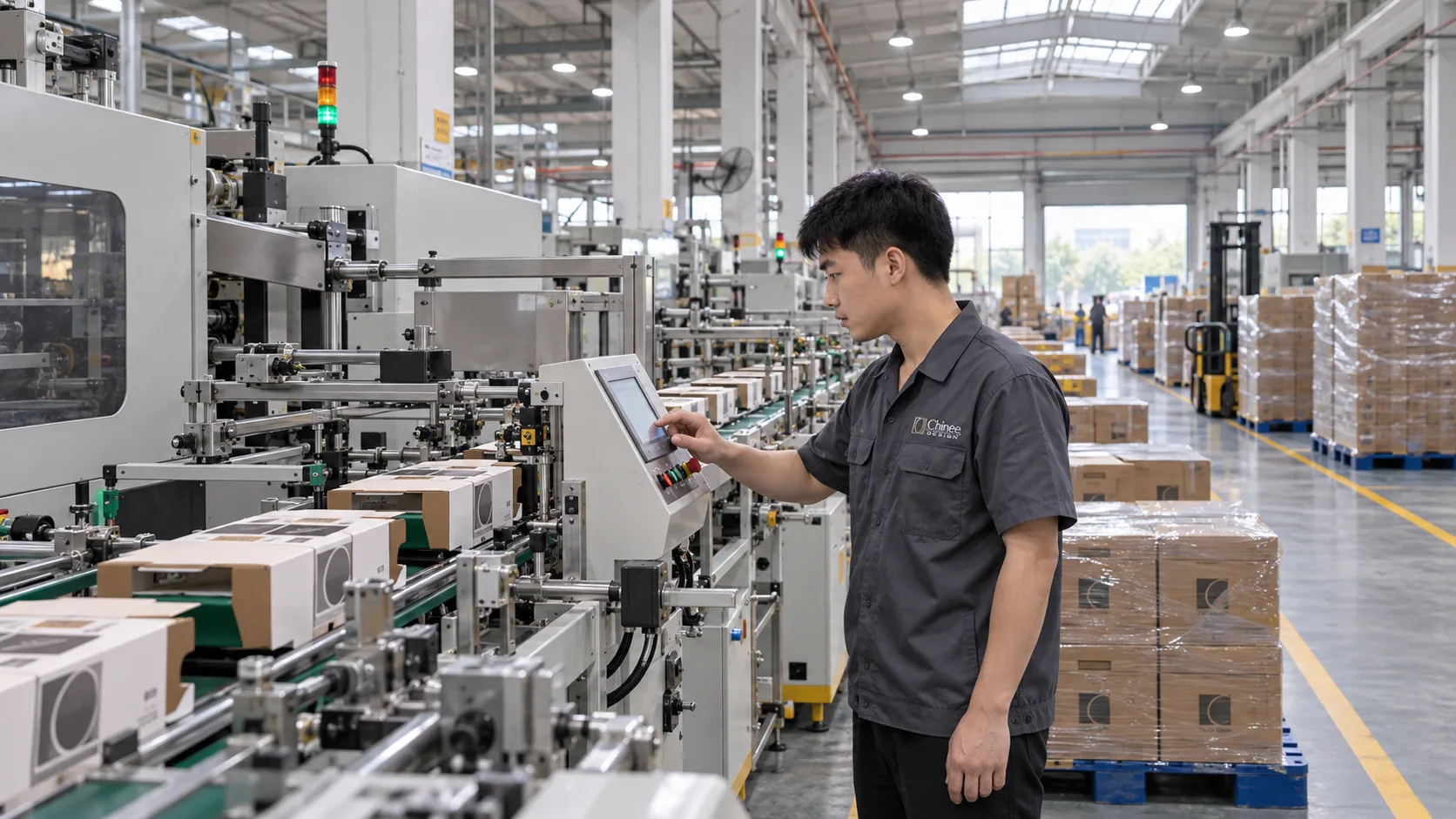 Chinee Design technician operating an automated packaging line