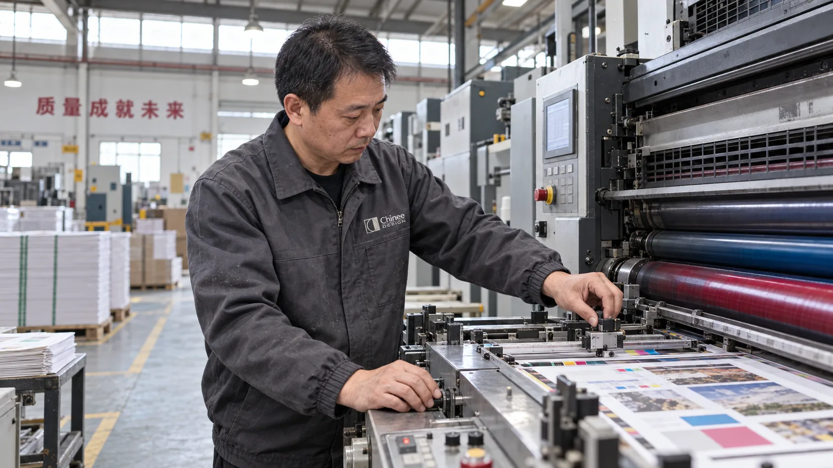 Chinee Design press operator calibrating an offset printing machine
