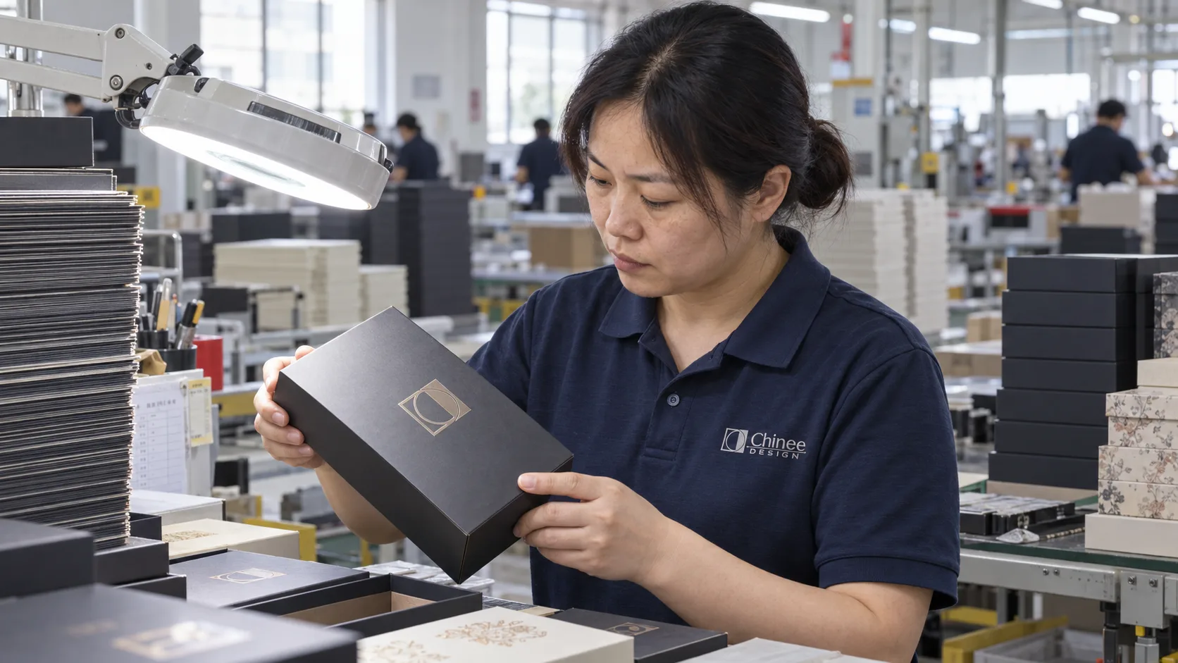 Chinee Design quality inspector checking custom packaging