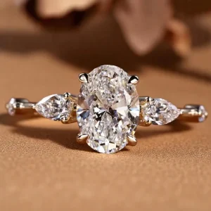 0.5-3CT Oval Cut Three Stone Pear Side Stones Lab Diamond Engagement Ring 14K/18K Solid Gold VVS IGI Certified Custom CVD/HPHT