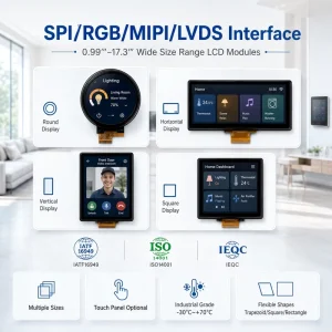 0.99” 1.66” 4.39” 6.80” 7.84” 8.10” 8.90” 9.16 Inch TFT LCD Display with RGB SPI LVDS MIPI for Smart Home Display