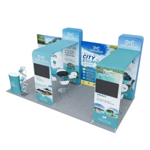 10ft x 20ft Portable Exhibition Booth with Elastic Fabric Display, TV Display, and Reception Desk