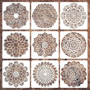 12 Inch 30x30cm 9pcs Pack Large Mandala Stencil Laser Cut Painting Templates for DIY Wall and Plastic Floor Stencils