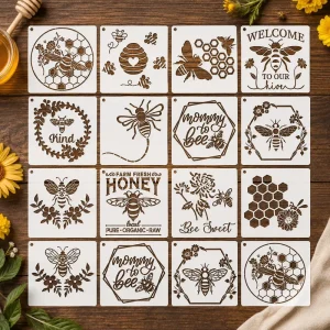 16 Pcs 8×8 Inch Bee Stencils for Painting Reusable PET Honey Bee Honeycomb Templates for Wood Wall Fabric DIY Home Decor