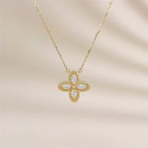 18K Gold Lab Grown Diamond Pendant Necklace for Women Vintage Clover Marquise Diamond Fashion Chain Fine Jewelry Dainty Necklace