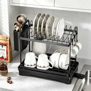 2 Tier Dish Drying Rack with Cutting Board Holder 360° Removable Drip Trays Panels Carbon Steel Kitchen Organizer Manufacturer
