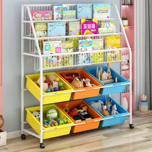 2 in 1 Bookshelf Toy Storage and Organization Shelf Book Display Shelf with Wheels Portable Living Room Magazine Storage Shelf