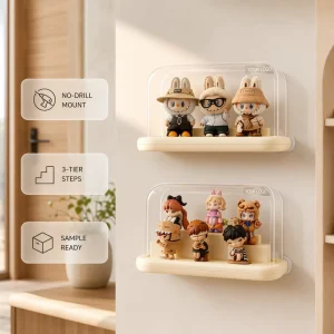 2 in 1 Wall Mount Blind Box Display Case with Tiers No Drill Adhesive Action Figure Organizer for Pop Mart OEM