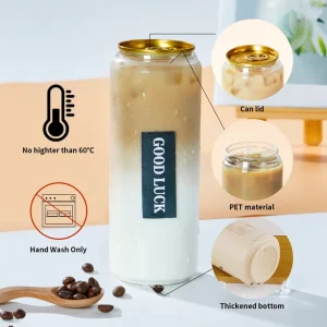 202# 250ml 330ml 500ml 650ml Clear PET Plastic Coffee Bottle Soda Can with Flip Top Cap Cylinder Shape UV Printing