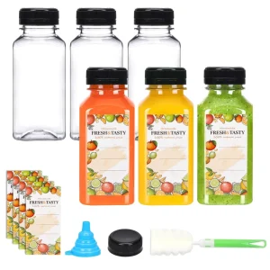 240ml Plastic Juice Bottles with Caps Reusable Clear Bulk Beverage Containers for Juicing Milk Drinking 8oz