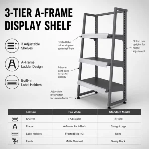3 Tier A Frame Display Shelf Floor Standing Retail Display Rack with Adjustable Shelves and Label Holders for Supermarket Shop
