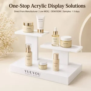 3-Tier Asymmetrical Step White Gloss Acrylic Water Resistant Skincare Display Stand Multi-Height Platform Rack