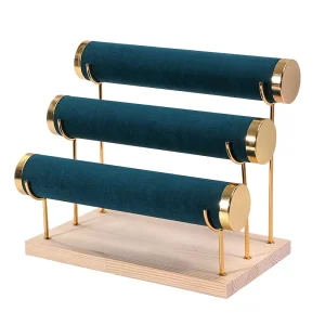 3 Tier Gold Metal T Bar Solid Wooden Jewelry Organizer Storage Stand Bangle Bracelet Watch Display Rack Customizable Logo