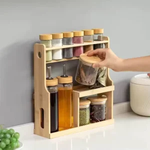 3 Tier Multi Layer Design Natural Bamboo Kitchen Storage Shelf for Home Restaurant Decor Stylish Tableware Display
