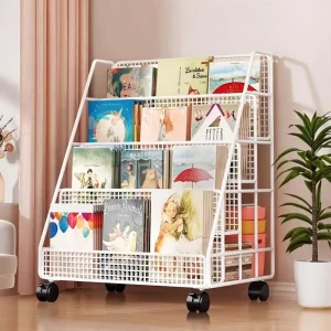 3 Tier Rolling Kids Bookshelf with Wheels Mobile Display Cart Eco Friendly Supermarket Shelf Space Saving Office Storage Rack