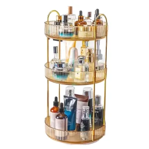 3 Tier Rotating Makeup Organizer Metal Frame Clear PET Vanity Tray Spin Cosmetic Storage Rack Skincare Perfume Display Holder