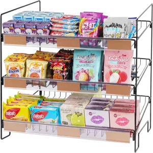 3 Tier Slanted Wire Mesh Metal Countertop Retail Display Stand with Price Label Slots for Snack Candy Merchandise Organization