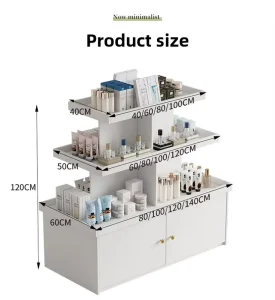 3-Tier Step Display Counter with Closed Storage Cabinet for Beauty Shops, Skincare, Makeup, and Perfume