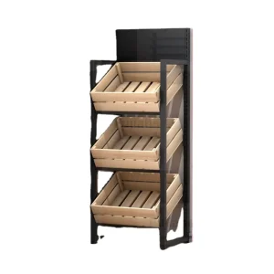 3 Tier Wooden Crate Display Rack With Slatted Bins Angled Shelves Floor Standing Shelf for Wine Fruit Vegetable Retail Store