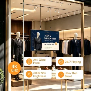 3000 Nits 32 75″ Semi Outdoor Retail Window LCD Anti Glare Storefront Screen with CMS