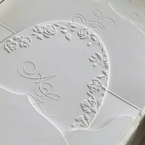 3D Embossed Floral White Wedding Invitation Debossed Rose Design Textured Invitation Card