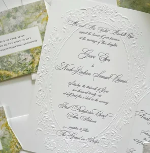 3D Embossed Wedding Invitation All White Floral Relief Pattern with Calligraphy Thick Cardstock Invite