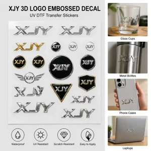 3D Logo Embossed Decal Vinyl for Glass Cups Wraps Metal UV DTF Transfer Stickers Design