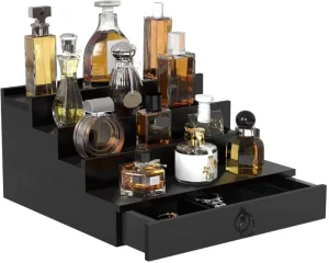 4 Tier Elevated Cologne Display Shelf with Drawer Storage Perfume Organization and Storage Display Risers Great Gift for Man