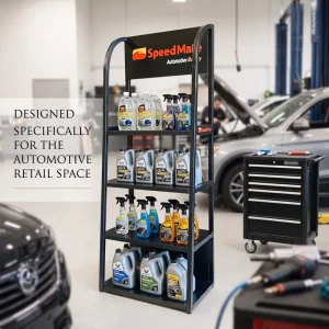 4-Tier Metal Display Rack with Custom Logo Header Board Freestanding Automotive Products Retail Display Stand