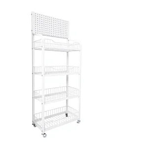 4 Tier Mobile Wire Display Rack With Pegboard, Rolling Retail Merchandise Display Stand With Wheels