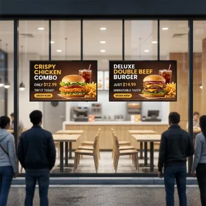 4000Nits IPS LCD Digital Signage Hanging Advertising Screen Menu Advertising 43 49 55 65 Inch Semi outdoor Window Facing Display