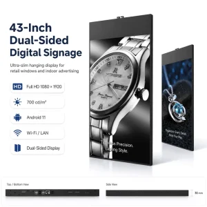 43 Inch Dual Sided Digital Signage Display Ultra Slim Hanging LCD Advertising Screen for Retail Window and Shopping Mall