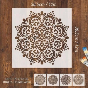 4Pcs 12 Inch Mandala Stencil Theme DIY Reusable for Painting on Wood Floor Wall Tile Fabric Furniture