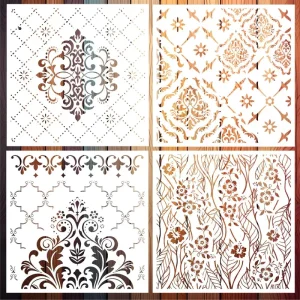 4Pcs Reusable DIY Art Craft Stencils Plastic Milky White Flower Wall Leaves Wood Fabric Floor Decoration Template