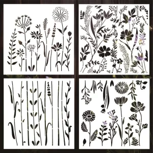 4pcs Wall Painting Wildflower Templates Reusable Made of Plastic for Furniture Painting and Decoration