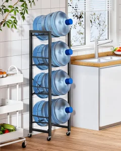 5-Gallon Metal 4-Tier Water Jug and Bottle Holder with Lockable Wheels, Waterproof Storage Shelf