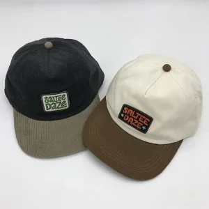 5 Panel Unstructured Snapback Hat With Embroidery Patch Logo, Two Tone Low Profile 5 Panel Flat Brim Dad Hats