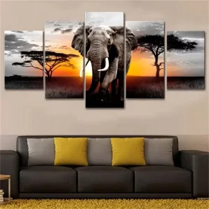 5 Piece Canvas Wall Art Walking Elephant Sunset Africa Grassland Scenery Posters Prints Home Decor Without Frame