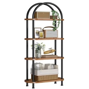 5 Tier Arched Bookshelf Modern Industrial Ladder Shelf Wooden Storage Display Rack Metal Frame Plant Stand for Living Room