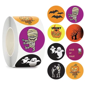 500 Sheets Round Halloween Stickers Roll Mummy Pumpkin Bat Holiday Gift Box Packaging Label Sticker