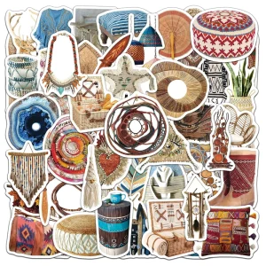 50Pcs Bohemian Style Graffiti Stickers for Wall Decor Traditional Hand Woven Sticker