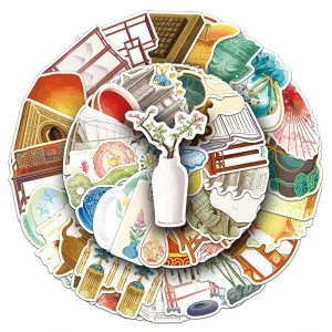 50pcs Factory Sale Creative Waterproof Decorative Sticker Cartoon Chinese Ancient Style Elements Sticker