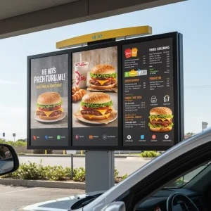 55-inch Outdoor Digital Menu Board, DOOH Weatherproof LCD Signage for Drive-Thru Advertising with Animation