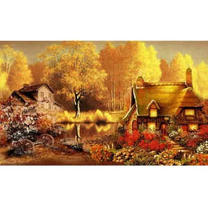 5D DIY Diamond Painting Autumn Golden Woods and River Houses Mosaic Diamond Embroidery Decoration Home Handicrafts