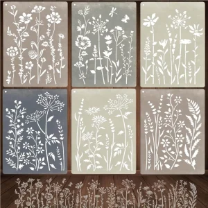 6 Pcs Large Wildflower Stencils for Painting Reusable Botanical Floral Templates for Wood Wall Furniture Fabric DIY Home Decor