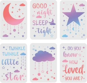 6pcs Moon Star Clouds Reusable 11.7×8.3 Inch Stencil Template Good Night Baby Room Drawing Wood Wall Floor Tile for Painting