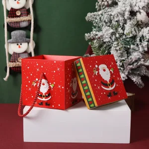 9″ Christmas Gift Box Red Green Santa Claus Design Tissue Paper Paperboard Ribbon for Christmas Holiday Party Gift