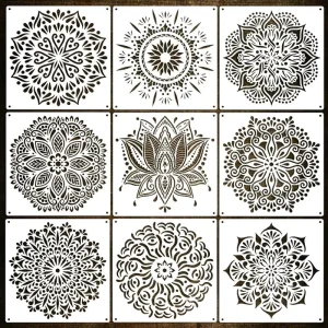 9 Pack Large Mandala Stencils 12 X 12 Inch Laser Cut Painting Template for Floor Wall Tile Fabric Furniture Stencils Painting